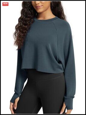 Modal Soft Long Sleeve Cropped Sweatshirt with Thumb Hole Crew Neck Pullover